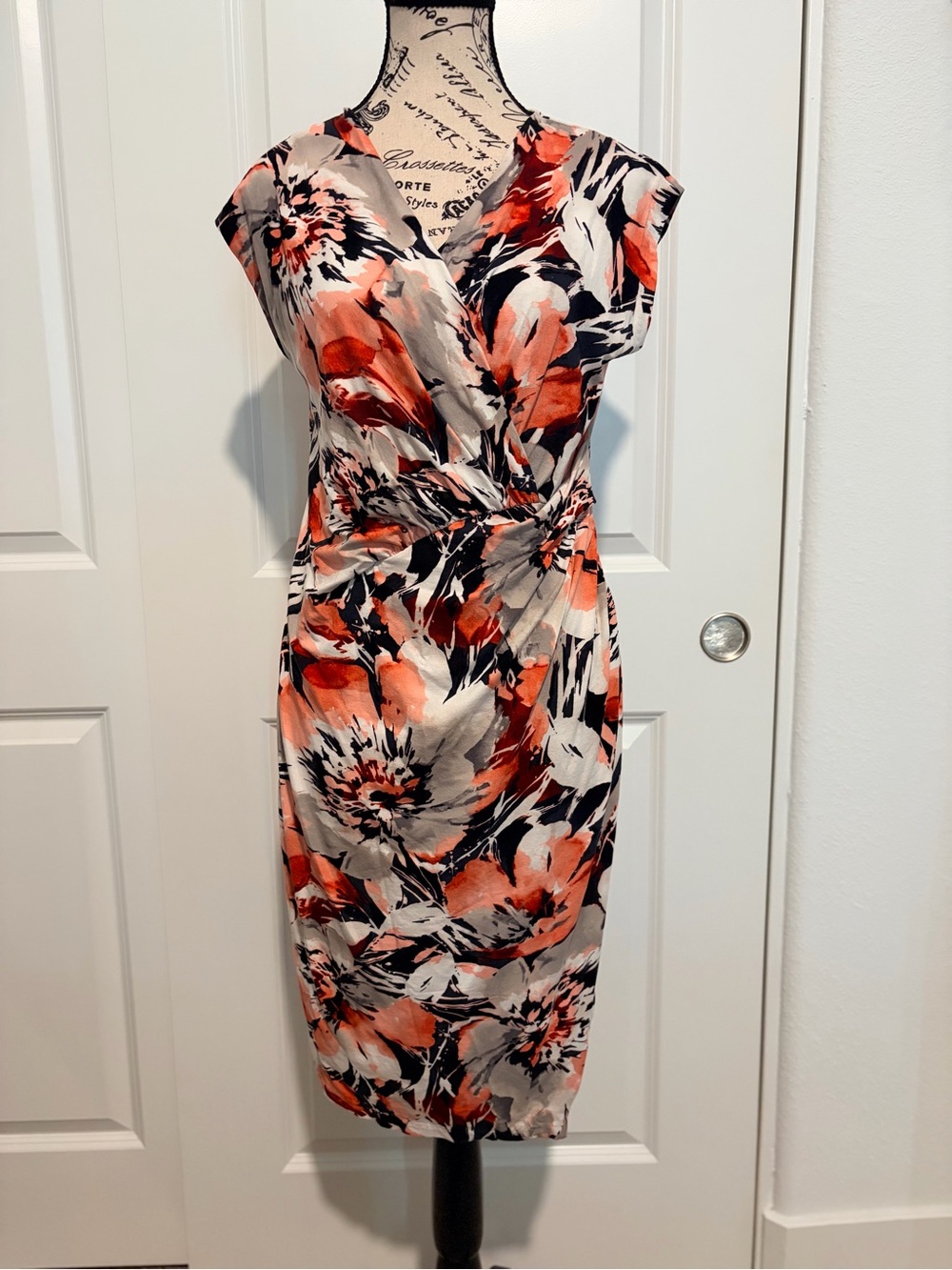 Anne Klein Coral, Black and Cream Floral Wrap Midi Dress